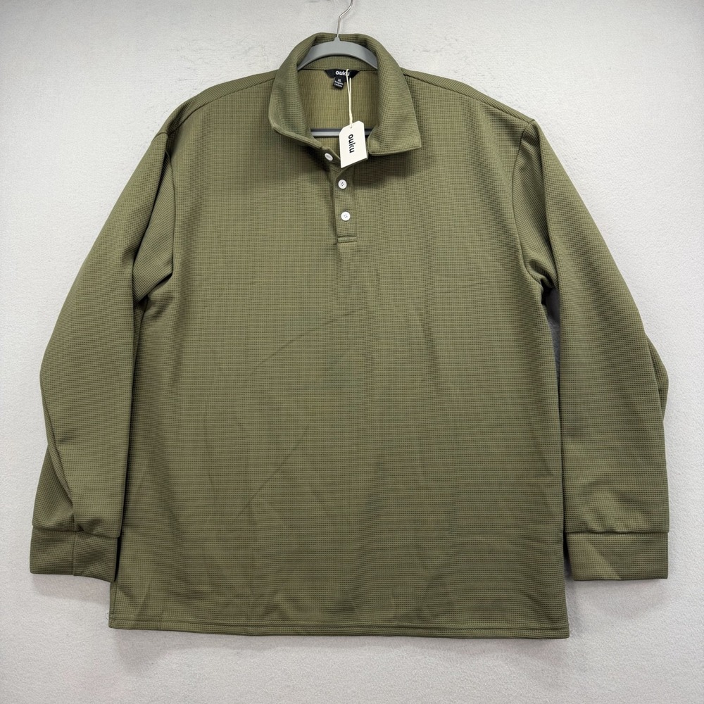 Ouku Men XL Polo Shirt Long Sleeve Olive Green Waffle‎ Knit Ribbed Casual NEW